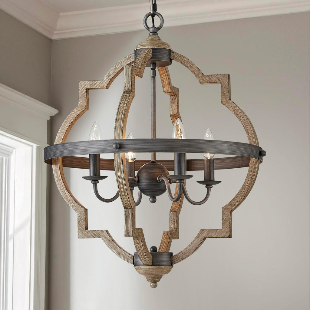 4-Lights Farmhouse Chandelier for Dining Room, Rustic Globe Black Chandeliers for Dinging Room, Orb Drum Chandeliers Light Fixtures, H22 x D20, Wood Grain Metal Frame A100-B07Y1P3TMD