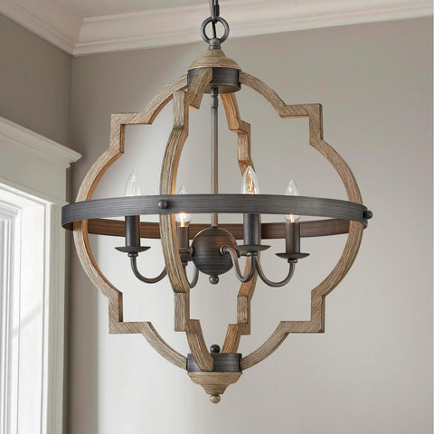 4-Lights Farmhouse Chandelier for Dining Room, Rustic Globe Black Chandeliers for Dinging Room, Orb Drum Chandeliers Light Fixtures, H22 x D20, Wood Grain Metal Frame A100-B07Y1P3TMD