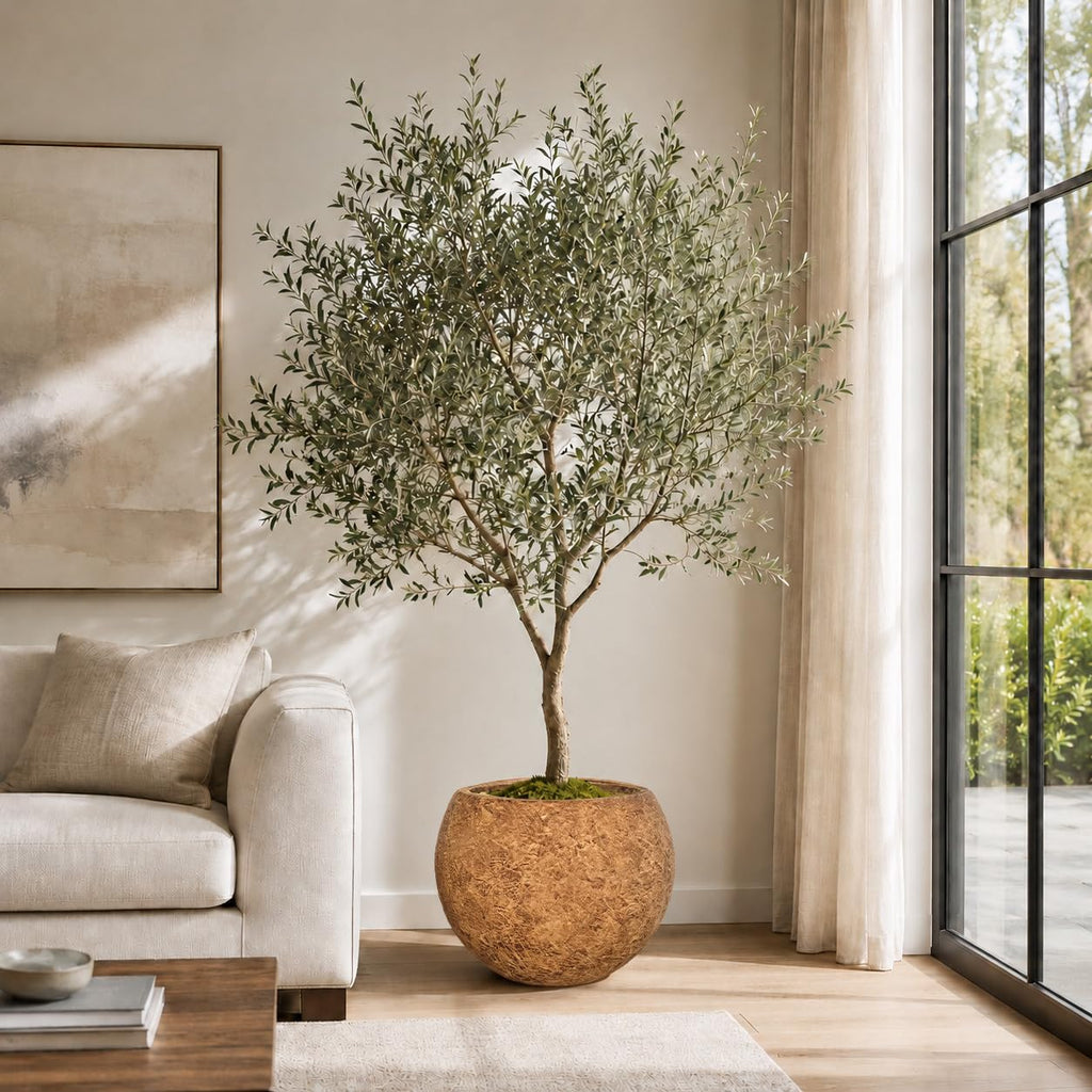 13.5" H x 17" Dia Round Brown Fiberstone Planter Pot with Drainage Hole, Lightweight UV-Resistant Stone-Look