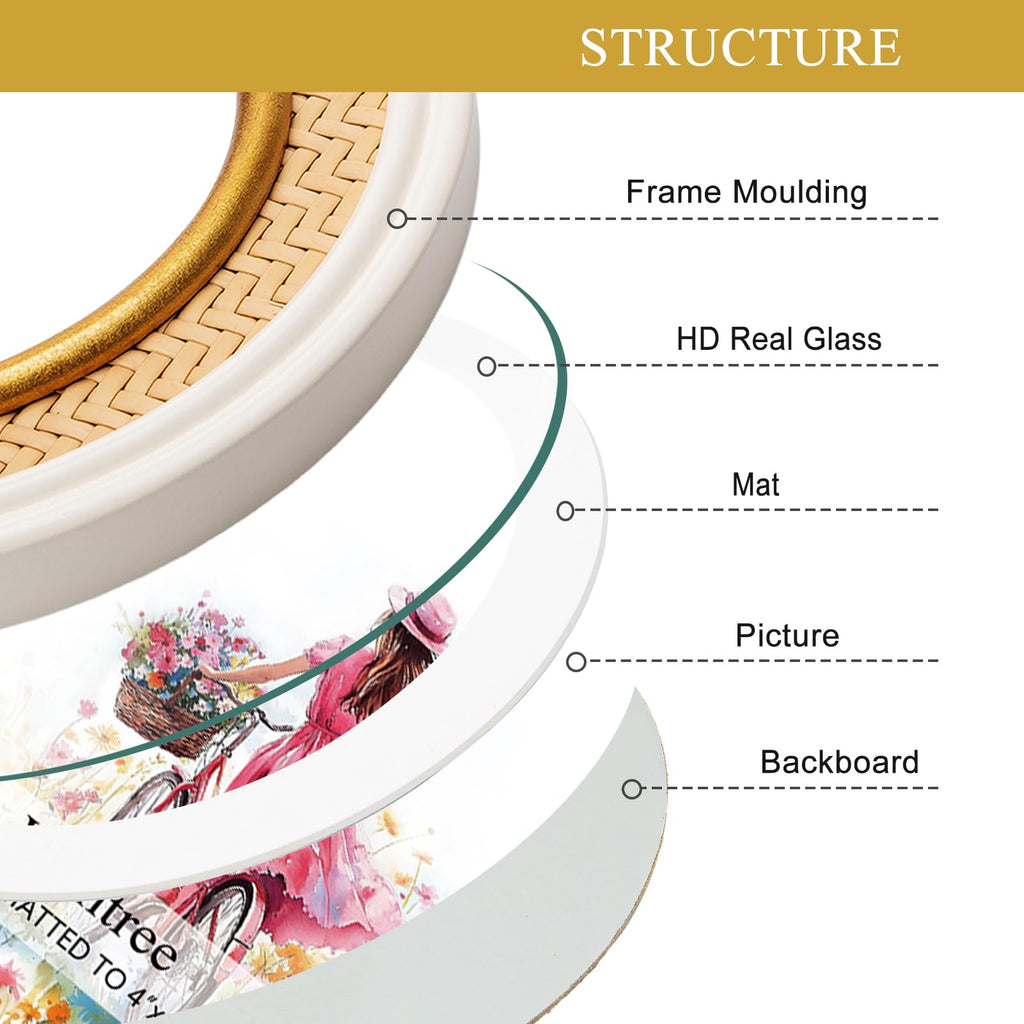 6x6 Round Rattan Picture Frame, Solid Wood with Real Glass, Display 6x6 Photos Matted to 4x4, Vertical for Tabletop