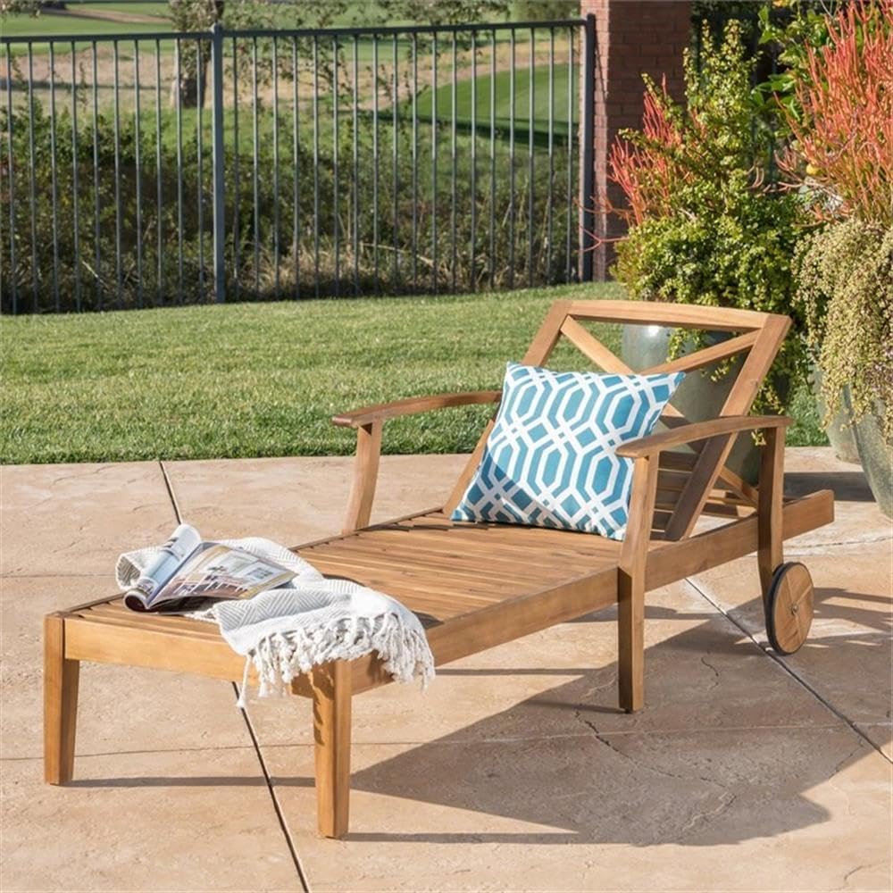 Outdoor Acacia Wood Chaise Lounge, Teak Finish