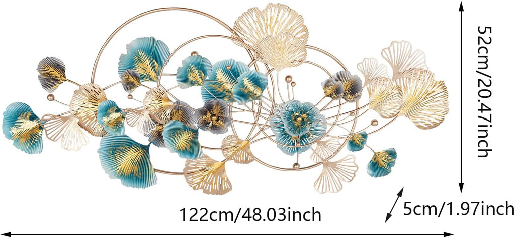 Metal Wall Art Decor,3D Golden Ginkgo Leaf Wall Hanging Decor with Frame,Large Wall Background Sculpture