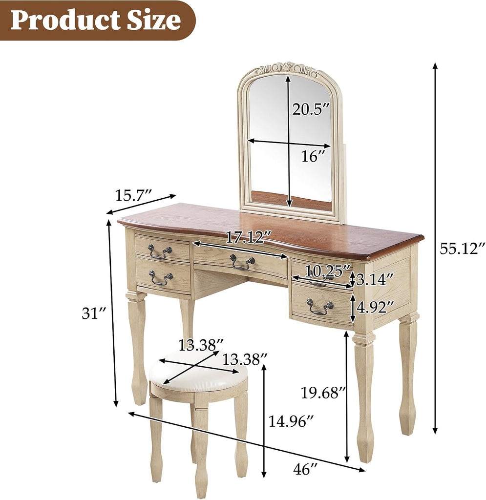 46" Vintage Vanity Desk with Curved Flower Frame Mirror, Wood Dressing Table with Storage, 5 Drawers, Makeup Vanity