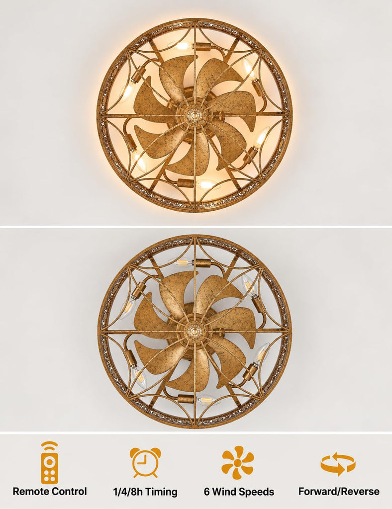 Gold Crystal Caged Ceiling Fan with Light, Flush Mount Ornate Drum Fandelier