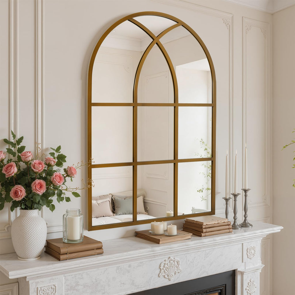 Arched Window pane Wall Mirror 30"x48", Window Shaped Farmhouse Style with Aluminum Frame, Decorative Wall Mirror