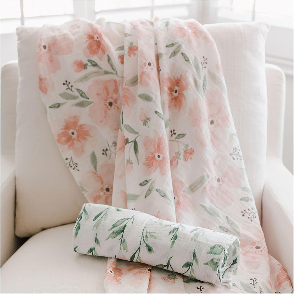100% Cotton Muslin Swaddle Blankets, Parker Pink Floral, Baby Blanket, Set of 2, 47" x 47", Swaddles for Newborns