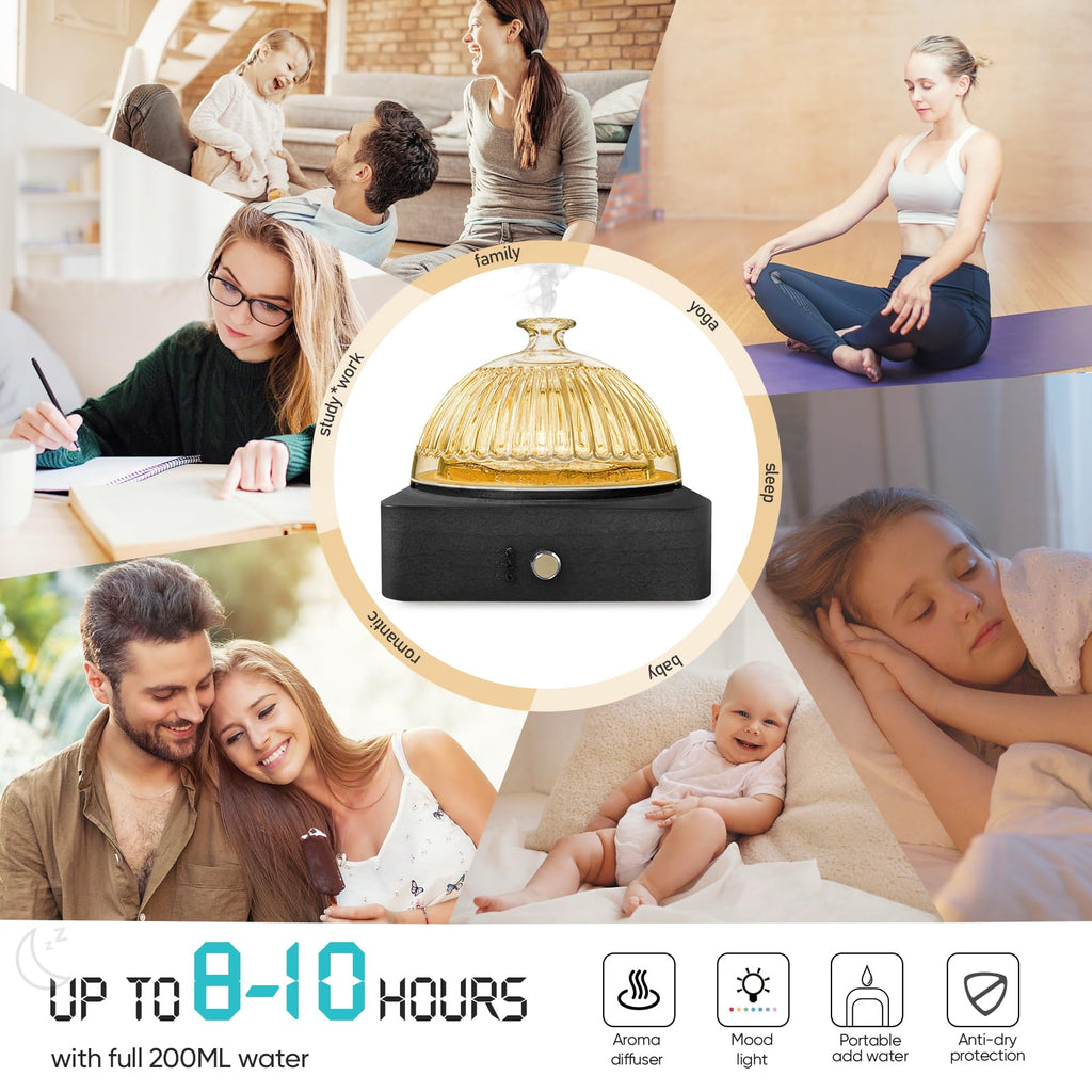 Glass Dome Essential Oil Diffuser with Glass Reservoir & Wood Base-Plastic Free, 200ml Ultrasonic Diffuser for