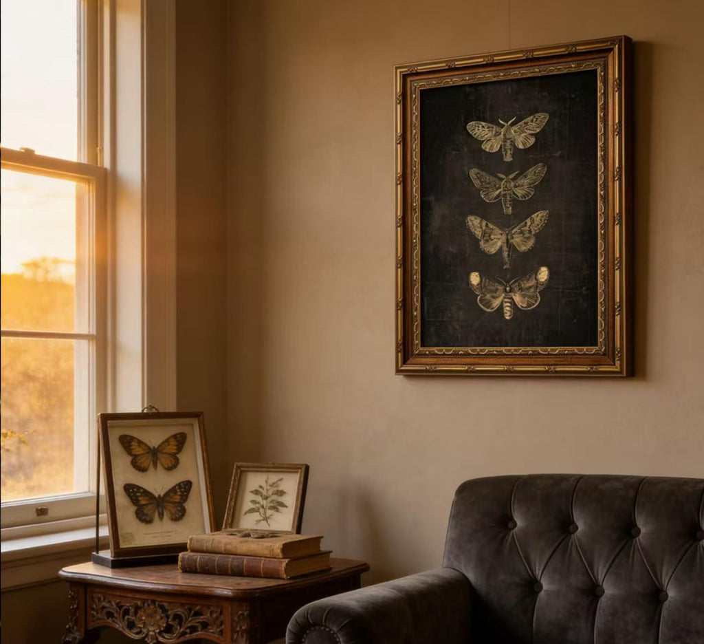 Vintage Gold Framed Moth Butterfly Canvas Wall Art - Gothic Dark Moody Cottagecore Insect Print Decor Bedroom