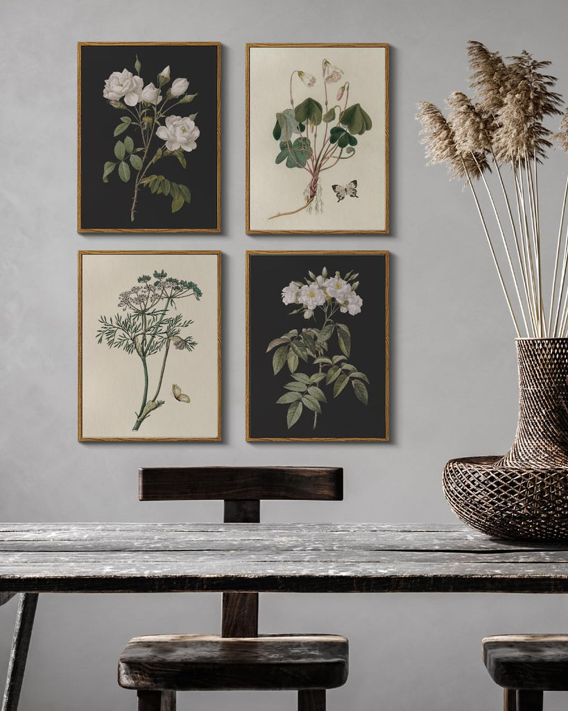 Vintage Botanical Wall Art Set of 4 12x16 Framed Canvas Prints