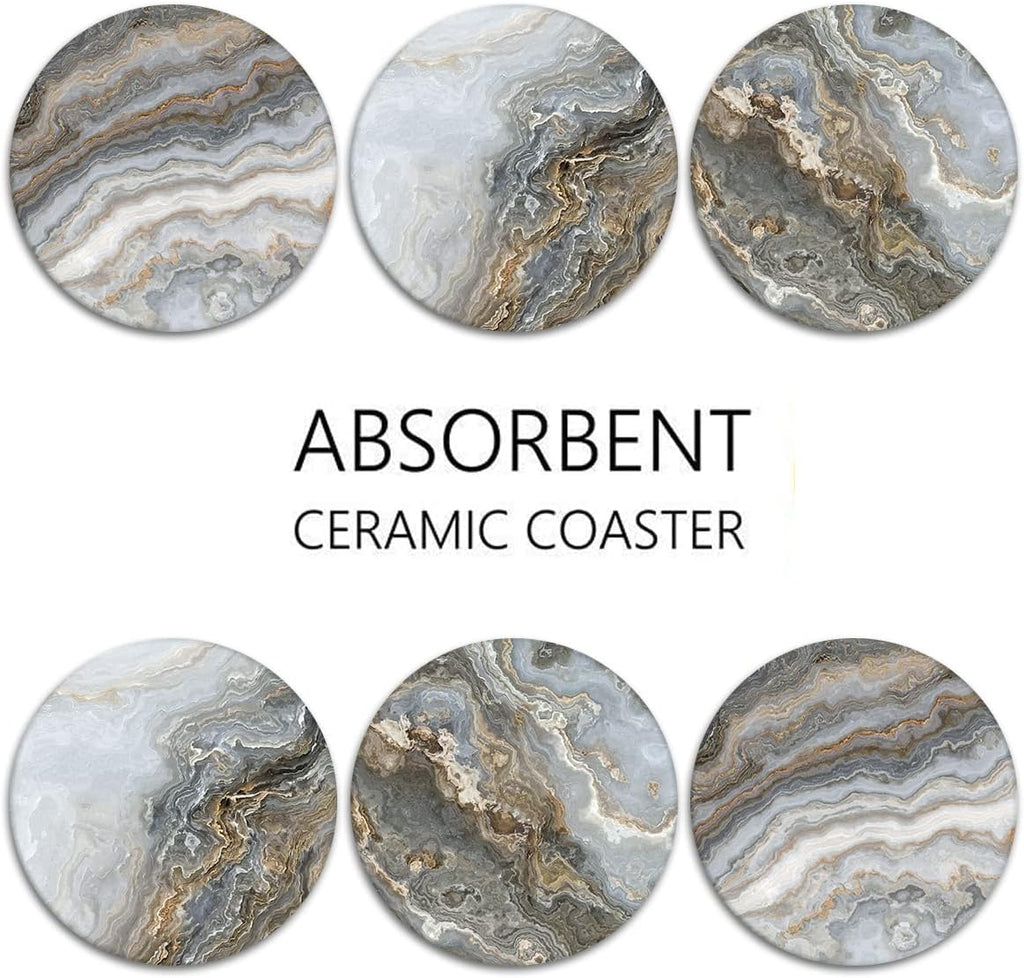 Coasters for Drinks, Ceramic Stone, Grey Marble - Set of 6