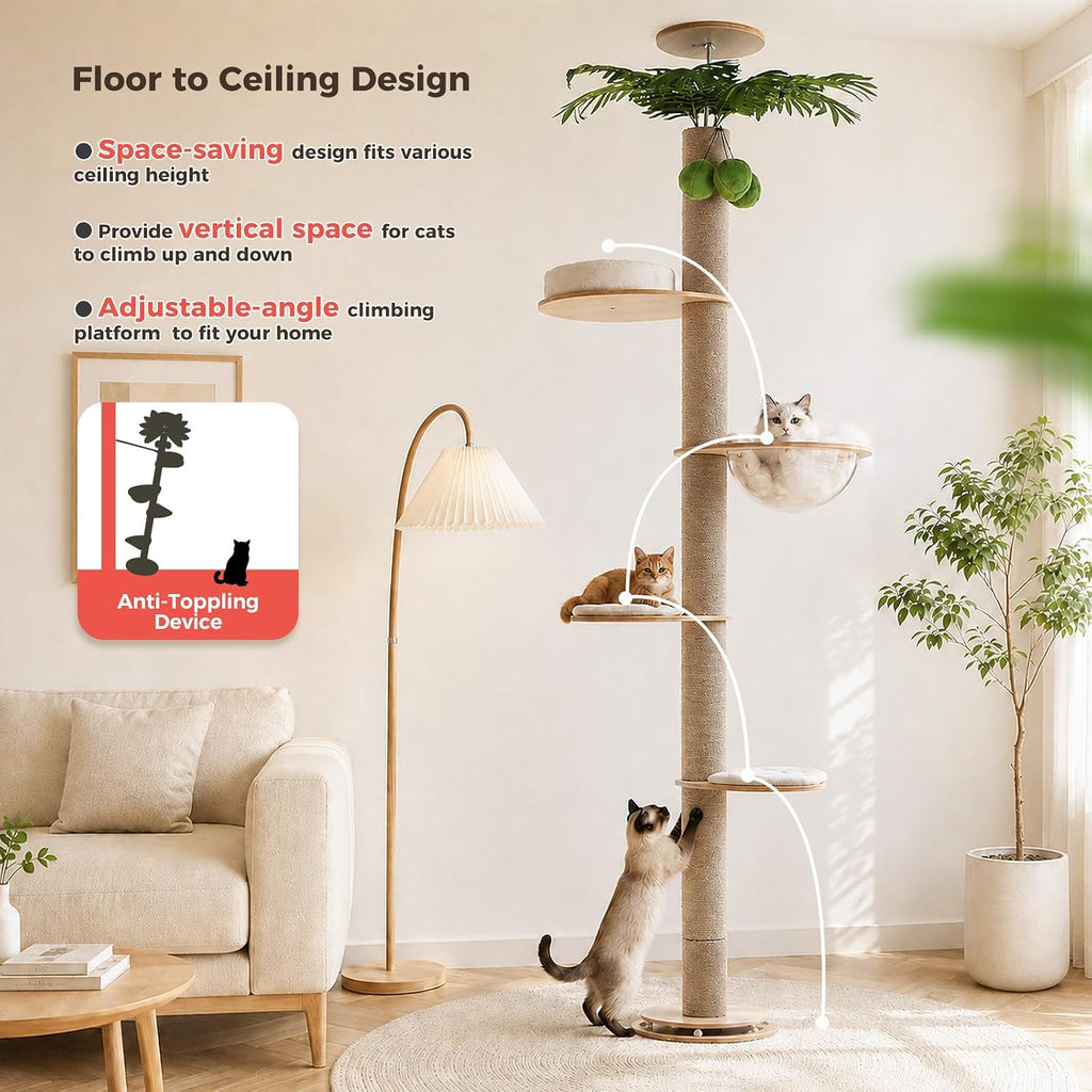 Floor to Ceiling Cat Tree Height (96.5-120.2 Inch) Adjustable, 5 Tier Wood Cat Tower with Thickened Full Sisal