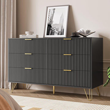 Black 6 Drawer Dresser, Fluted Dresser with Gold metal Handles