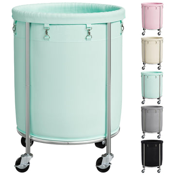 Laundry Basket with Wheels, Round Rolling Laundry Hamper, Mint Green
