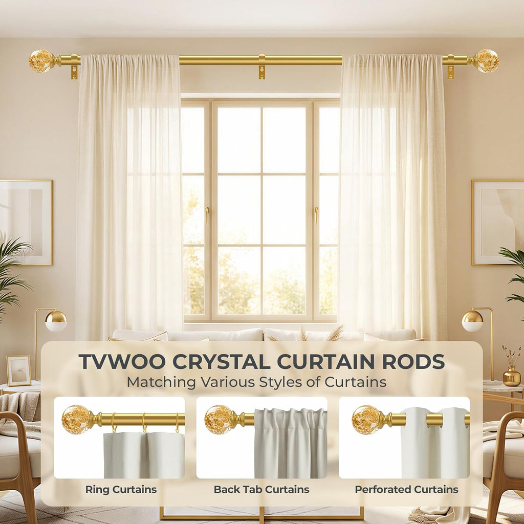 Gold Decorative Crystal Curtain Rods:36-88 Inch Heavy Duty Adjustable Window Curtains Rods for Bedroom Living Room