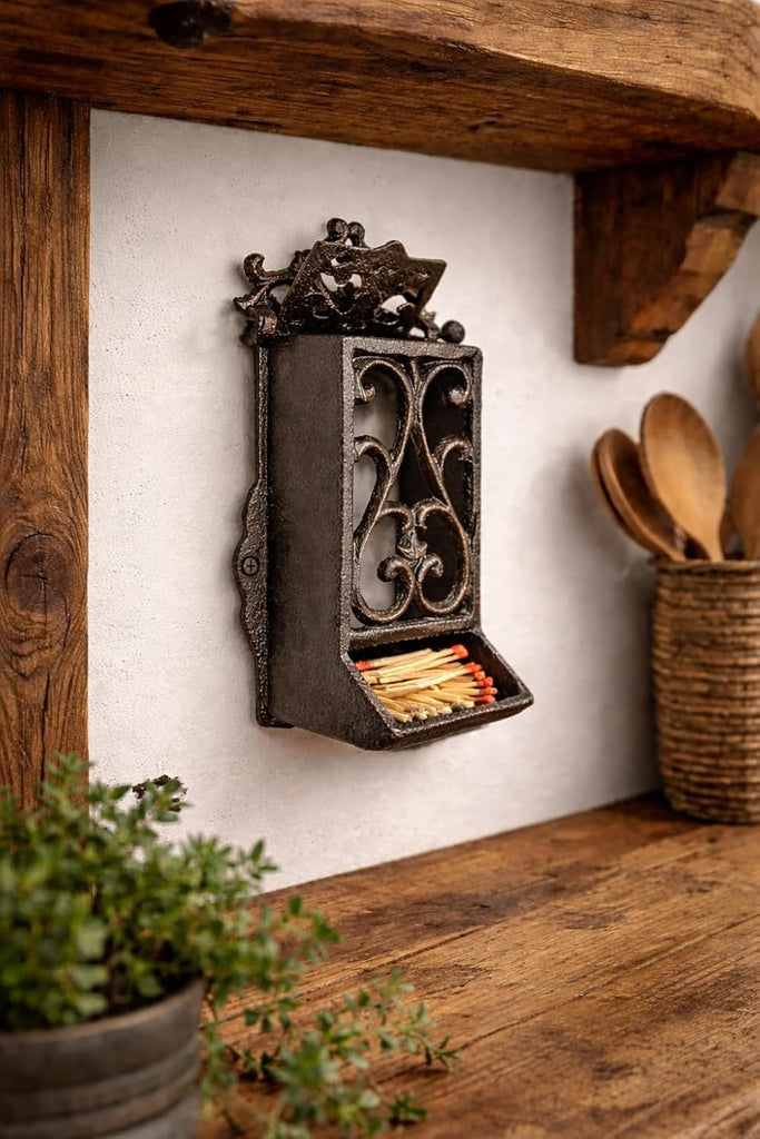 Cast Iron Matchbox Holder, Vintage Matches Box for Long Matches, Antique Black Match Holder, Rustic Wooden Matches