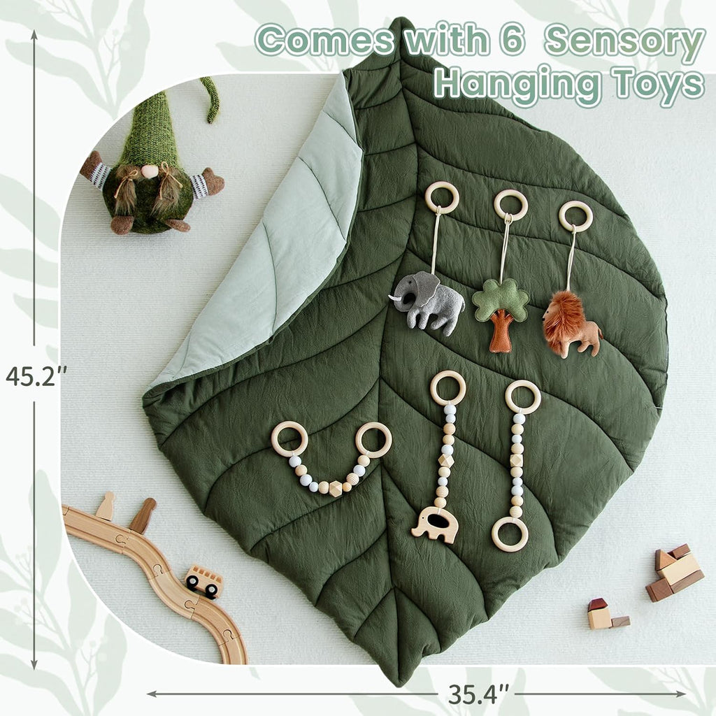 Wooden Baby Play Gym, Leaf Shaped Mat Baby Foldable Gym with 6 Hanging Toys
