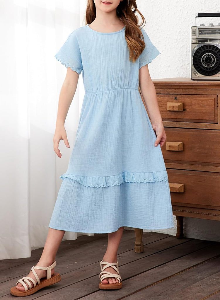 Girls Cotton Short Sleeve Dresses Summer Lace Dress