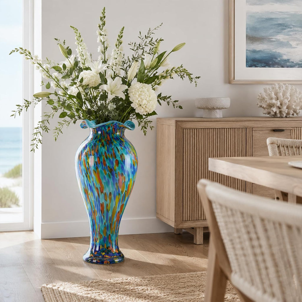 20" Tall Hand Blown Glass Vase - Pretty Ruffle Wide Mouth Decorative Flower Vase, for Modern Home Decor, Ideal