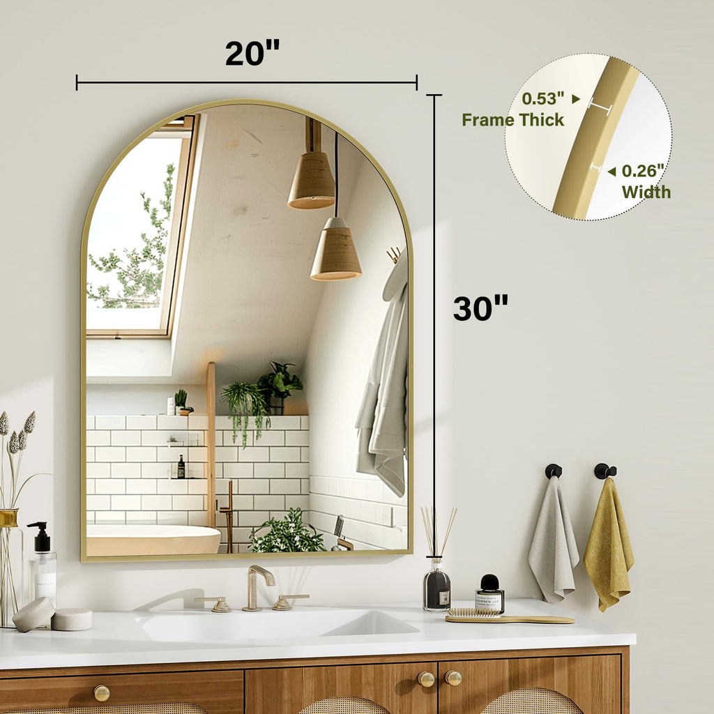 Arch Bathroom Mirror, 20x30 inch Arched Bathroom Mirror/Wall Mounted Vanity Mirror - Arch Metal Frame Wall Mirror