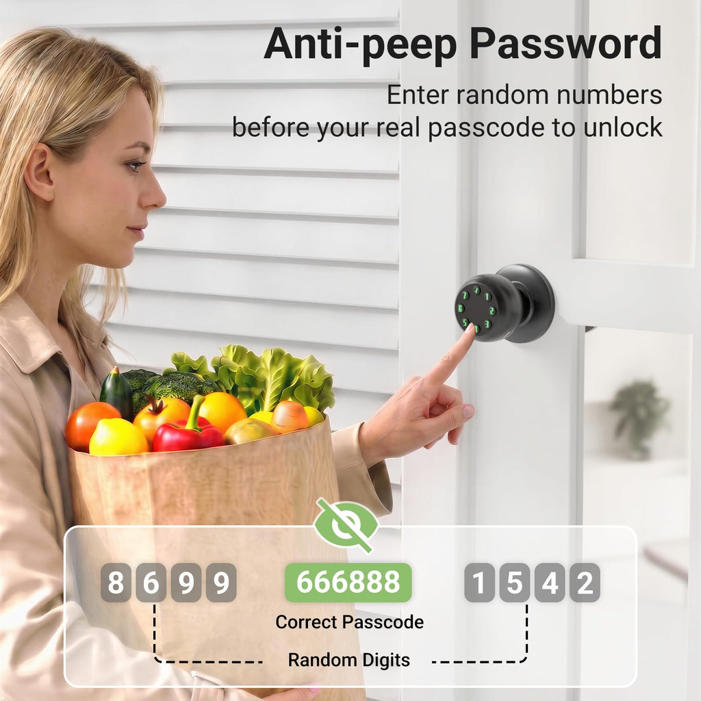 Smart Keypad Door Knob, Keyless Entry Door Lock with Auto Lock and Low Battery Alert, 50 User Codes, Easy