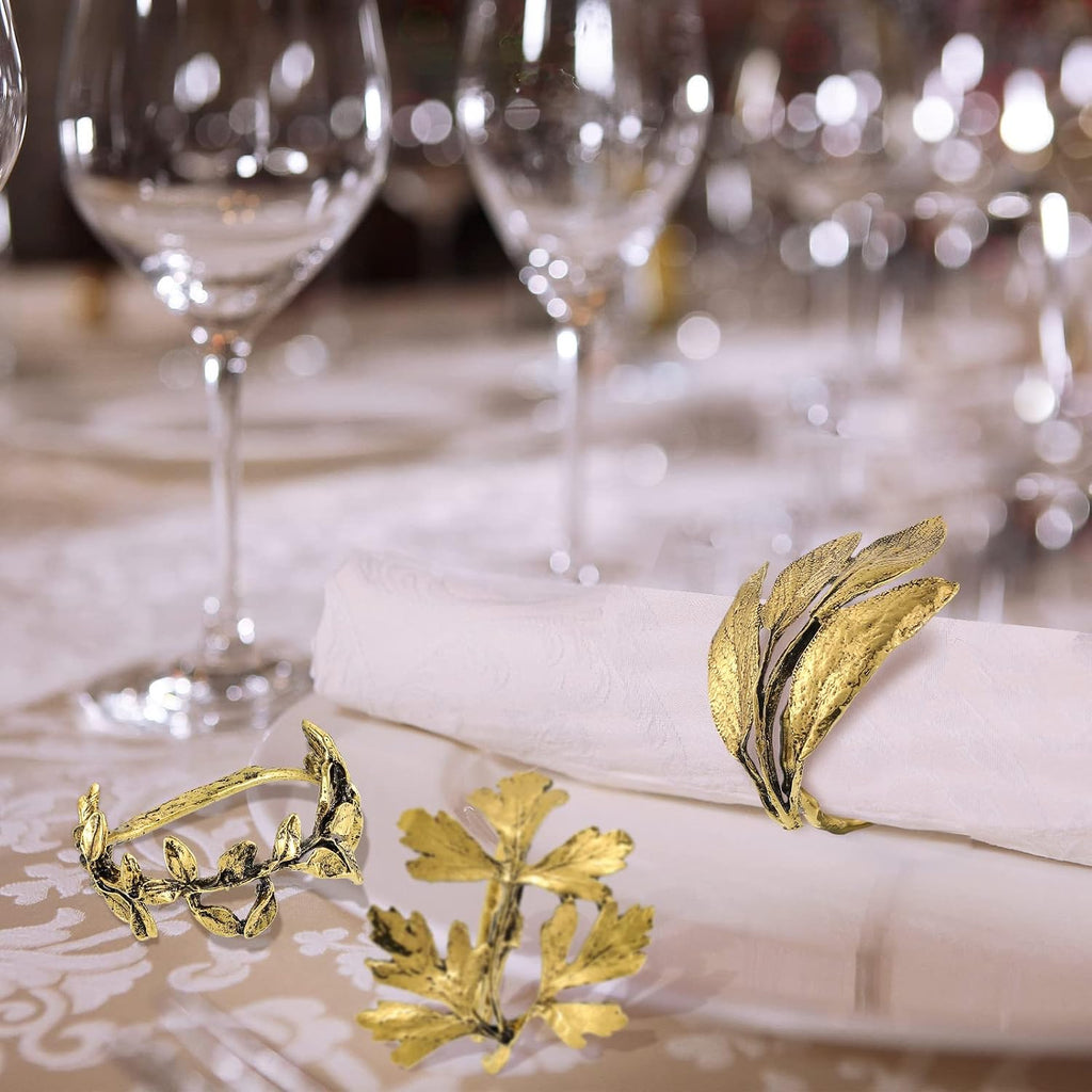 Herb Napkin Rings Set Vintage Leaf Napkin Holders, Gold - Set of 8