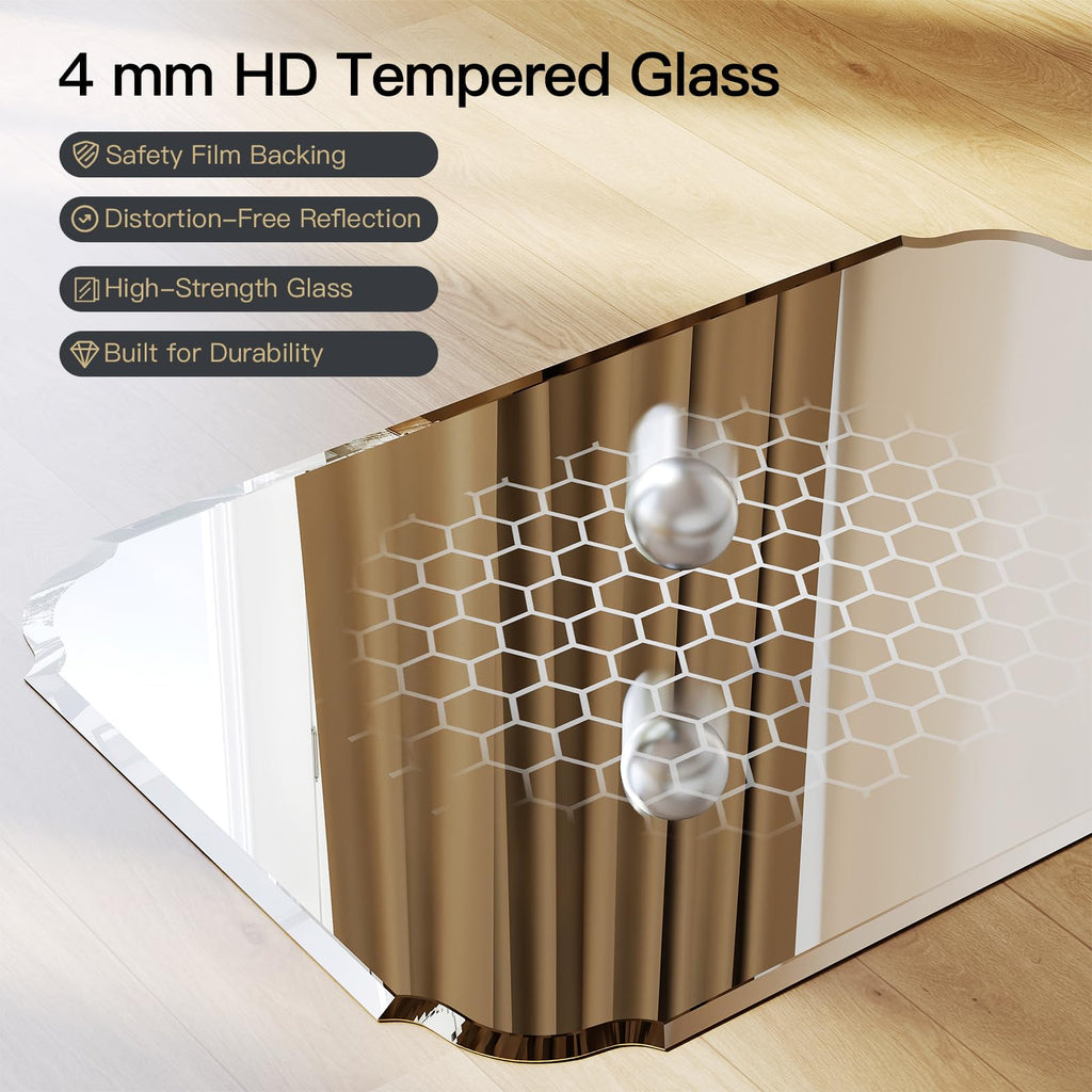 Beveled Scalloped Frameless Bathroom Mirror, 24" x 36" Beveled Bathroom Mirrors with Rectangle Shaped, Frameless
