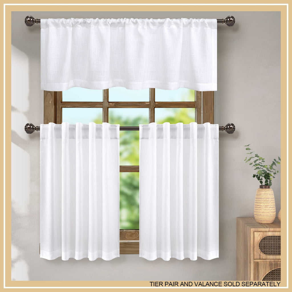White Valance for Windows 18 Inch Length Light Filtering Semi Sheer Linen Cotton Kitchen Valance Short Valance