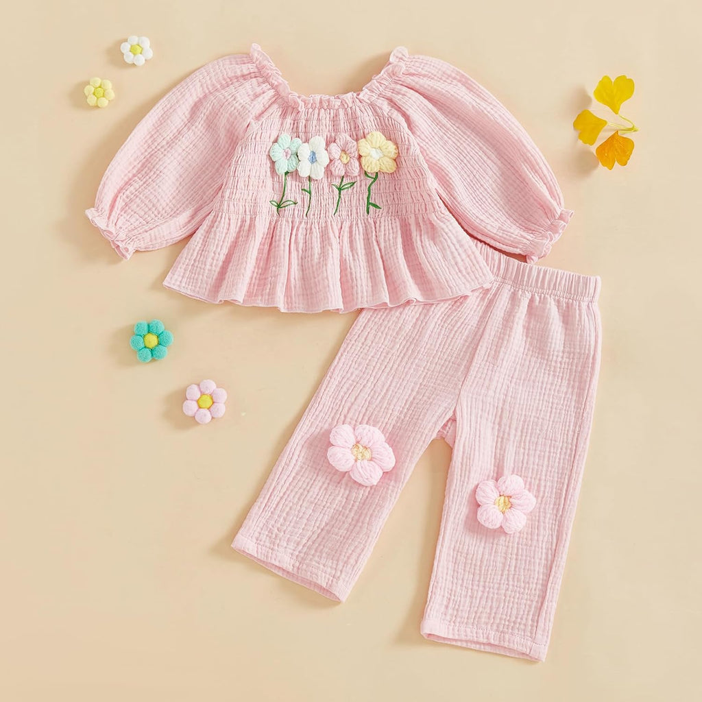 Toddler Baby Girl Outfits Infant Puff Sleeve Smocked Floral Tops Pants Cute Kids Girls Fall Winter Clothes Set