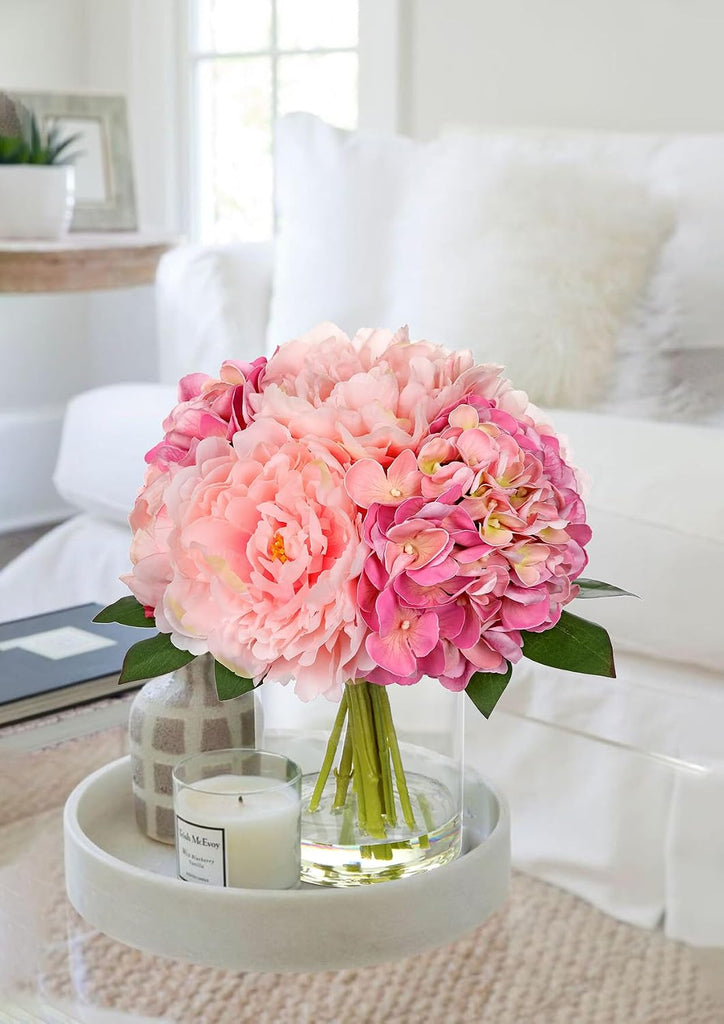 Pink Hydrangea Peonies Artificial Flowers Real Touch Fake Flowers Arrangements in Vase with Faux Water Peony