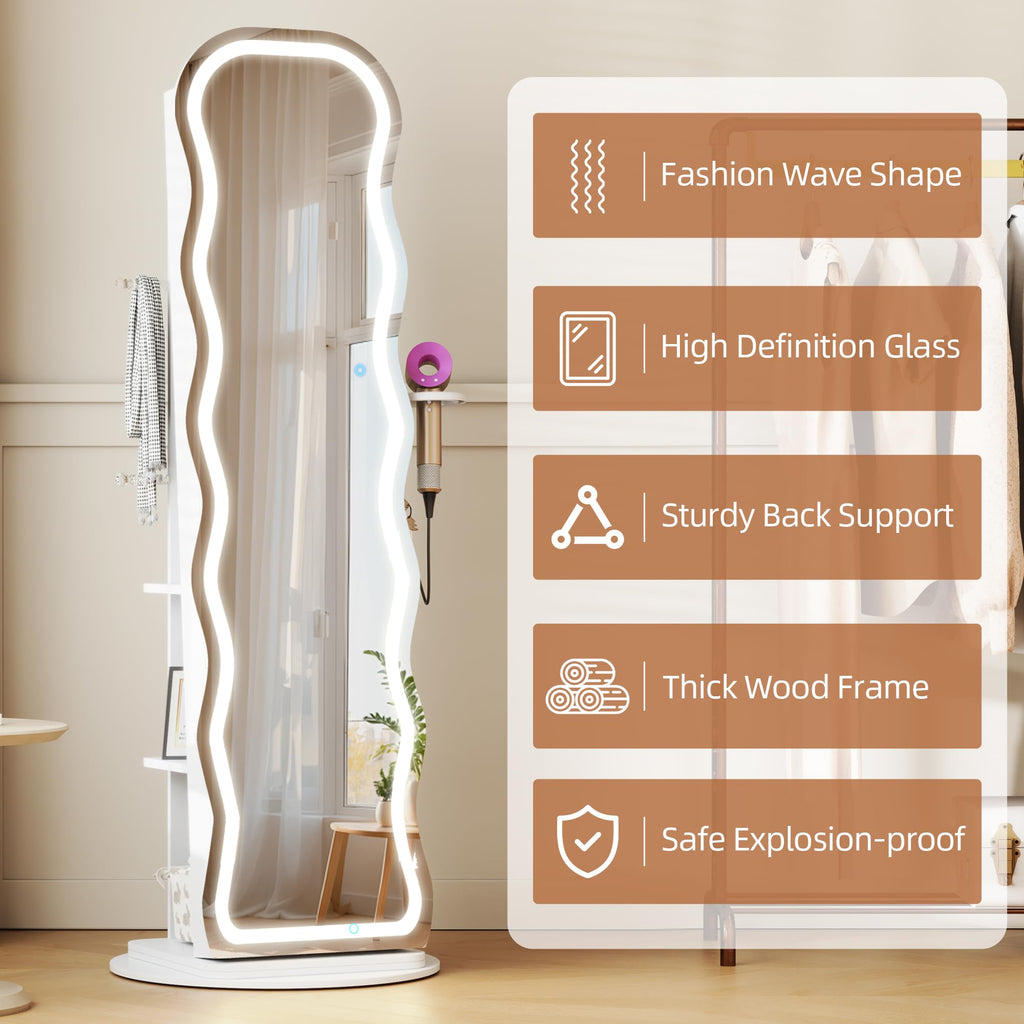 LED Mirror Jewelry Cabinet Standing, 360° Swivel, White
