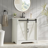 30-Inch Farmhouse Bathroom Vanity with Sink – Freestanding Single Sink Cabinet with Sliding Barn Door, Adjustable Shelf & Metal Handle, White