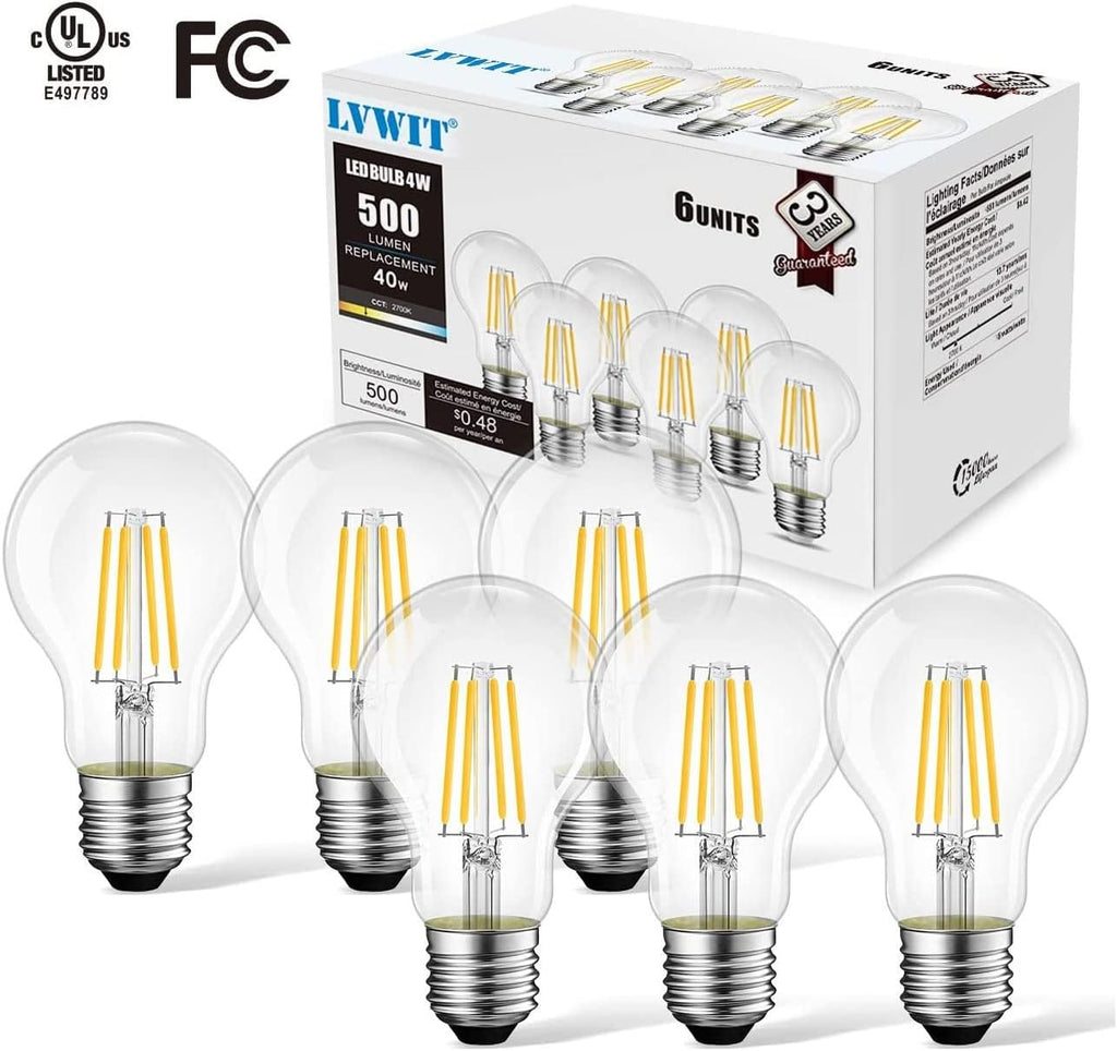 A19 Vintage Edison LED Filament Bulb E26 Base, 4W (40W Equivalent), Warm White 2700K, 500 Lumens, Non-Dimmable, 3