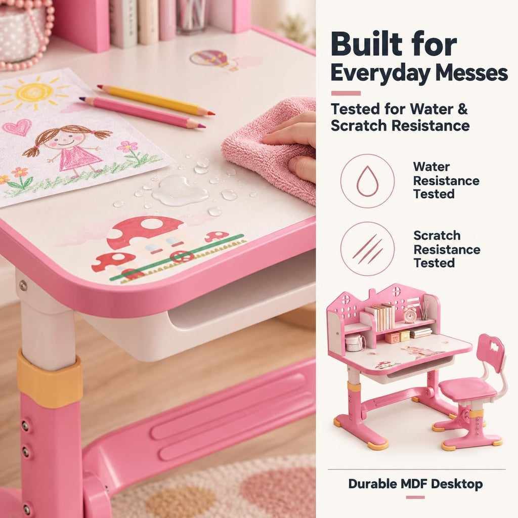 Kids Desk and Chair Set, Height Adjustable Children's Study Desk with Spacious Storage Drawer, Golden Distance