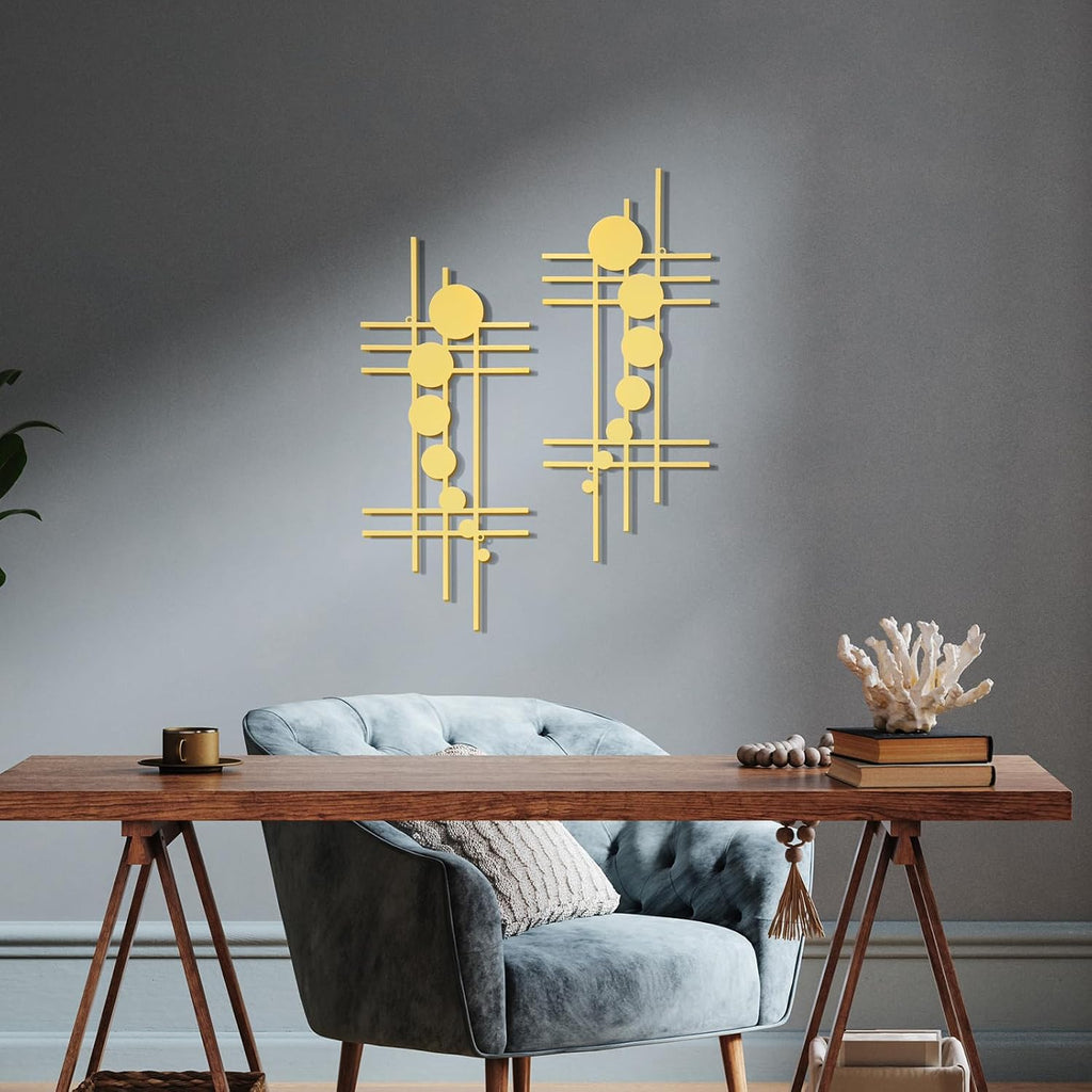 Metal Wall Art 15.75x7.09 in Vertical Abstract Geometric Gold - Set of 2