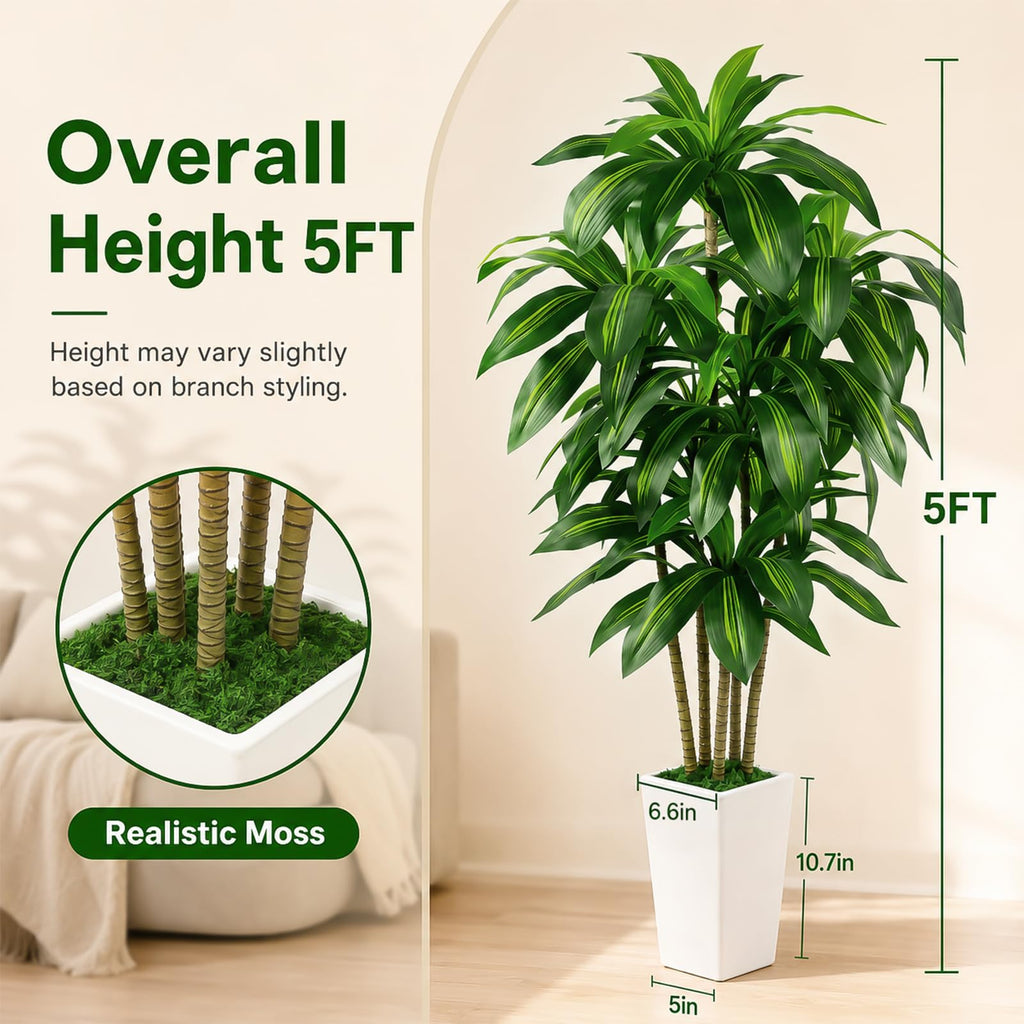 Artificial Dracaena Plants Indoor, 5FT Fake Tree Plants with Tall Planter
