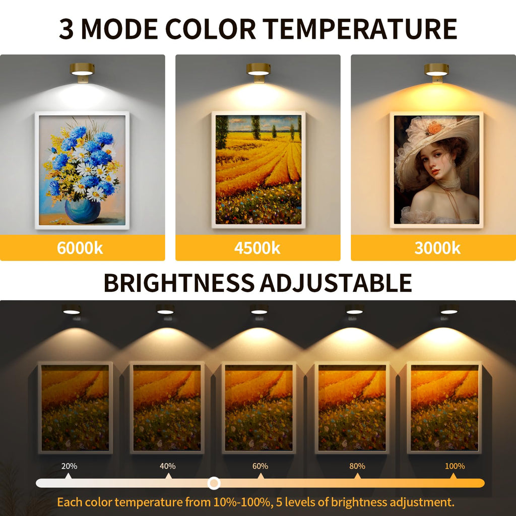 6 Pack Picture Lights for Wall, Rechargeable Battery Operated Wall Lights, Picture Frame Lights with 3 Lighting