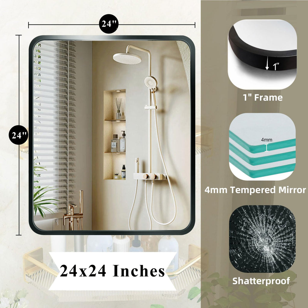 24x24 Black Square Mirror, Rectangle Bathroom Mirrors for Over Sink