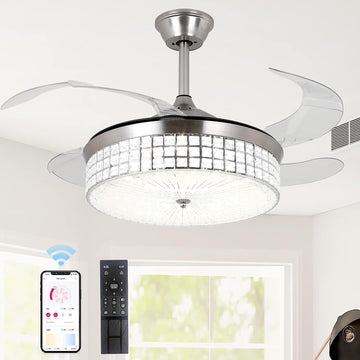 Retractable Ceiling Fans with Lights and Remote Control, 42 Inch Modern Invisible Blades LED Ceiling Fan, Crystal