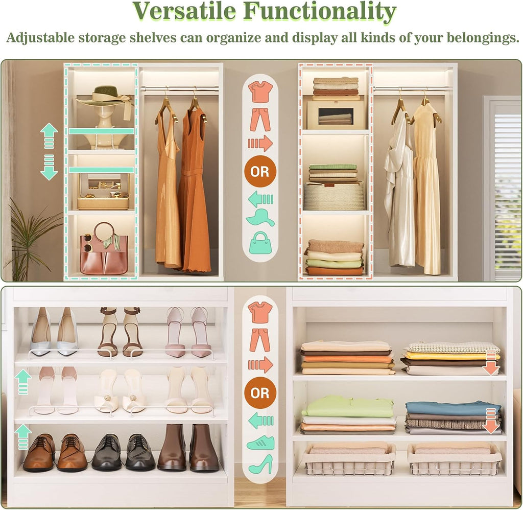 Closet System, 4.2-8.8 FT Closet Organizer with 2 Wooden Drawers and Shelves, Walk-in Closet System with 5 Hang Rods