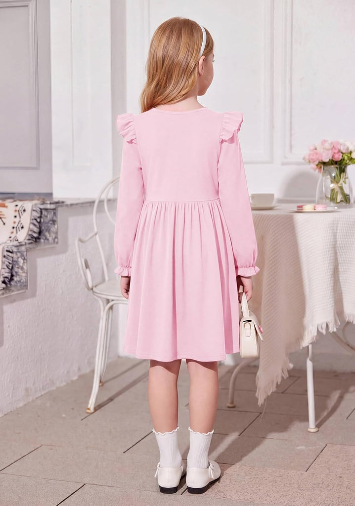 Girl Dress Puff Long Sleeve Fall Cotton Dresses with Pocket
