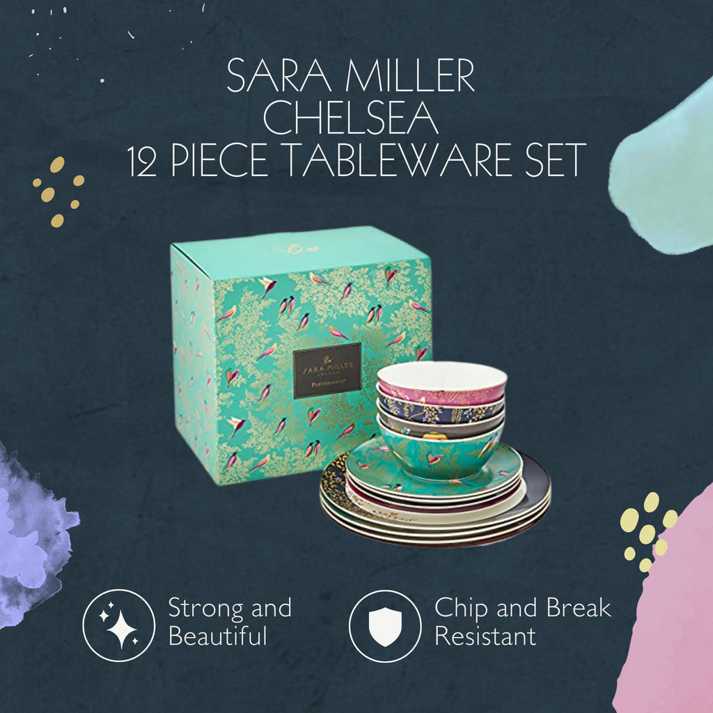 Chelsea 12 Piece Dinnerware Set - Fine China Plates & Bowls Featuring Vibrant Birds & Floral Art for Afternoon Tea or