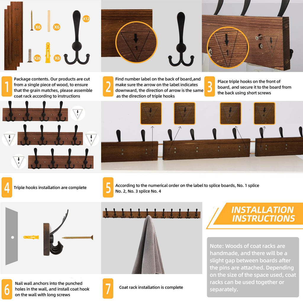 Wall Mount Coat Rack 47.3'' Burnt Brown Hanger - Rustic Towel Rack - Hooks for Coats, Hats, Clothes