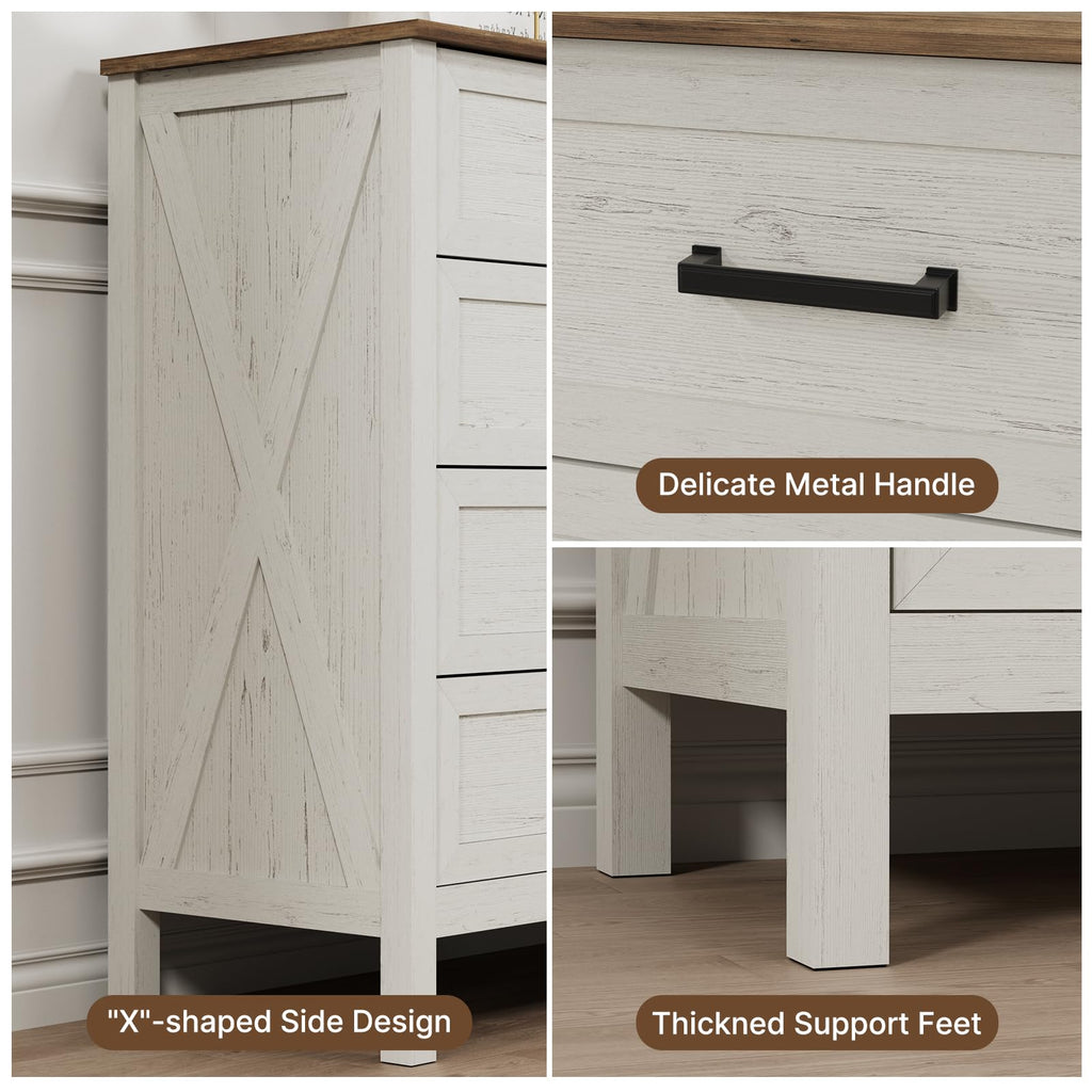 Farmhouse 8 Drawer, 55 Inch Wide Wood Rustic Chest of Drawers with X-Marking & Bar Handle, Large Storage Dressers