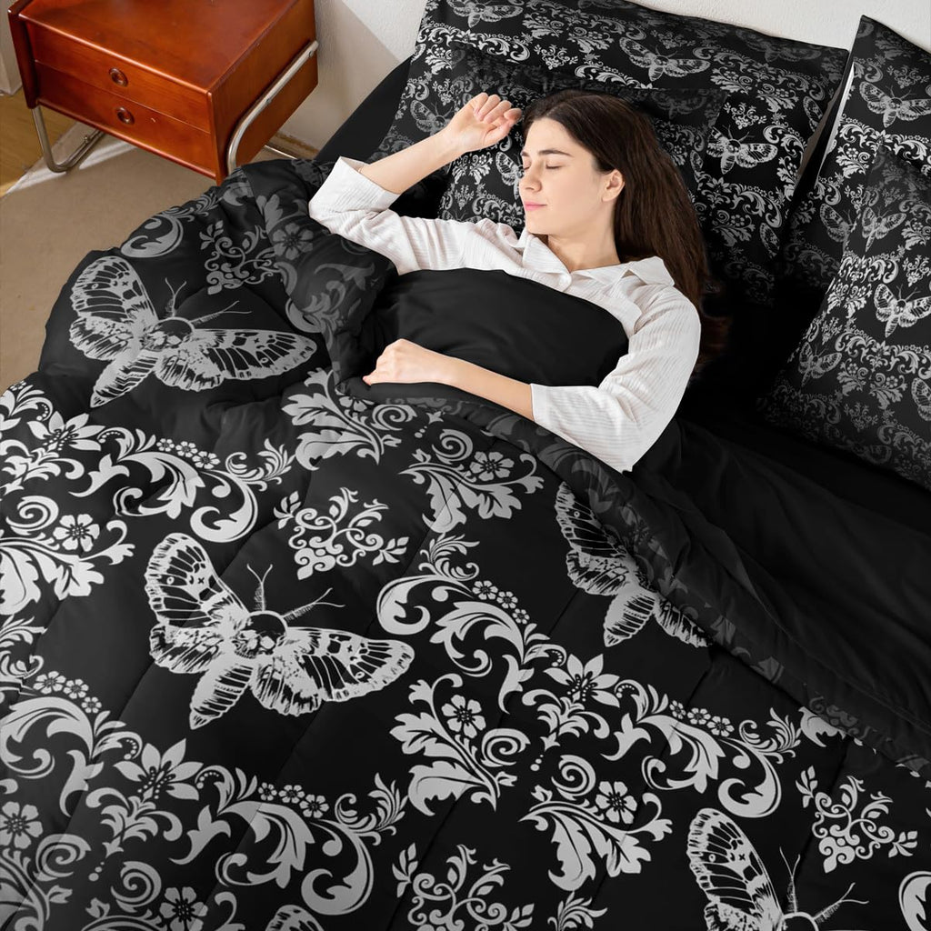 Gothic Queen Comforter Set 7 Pcs Black Grey Moth Goth Bed in A Bag with Sheets Vintage Damask Boho Bedding Comforter