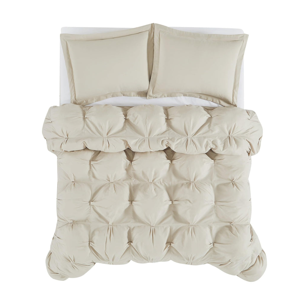 Cloud Puffer Beige Microfiber 3-Piece Comforter Set, Solid Themed, for Men and Women, Oeko-TEX Certified