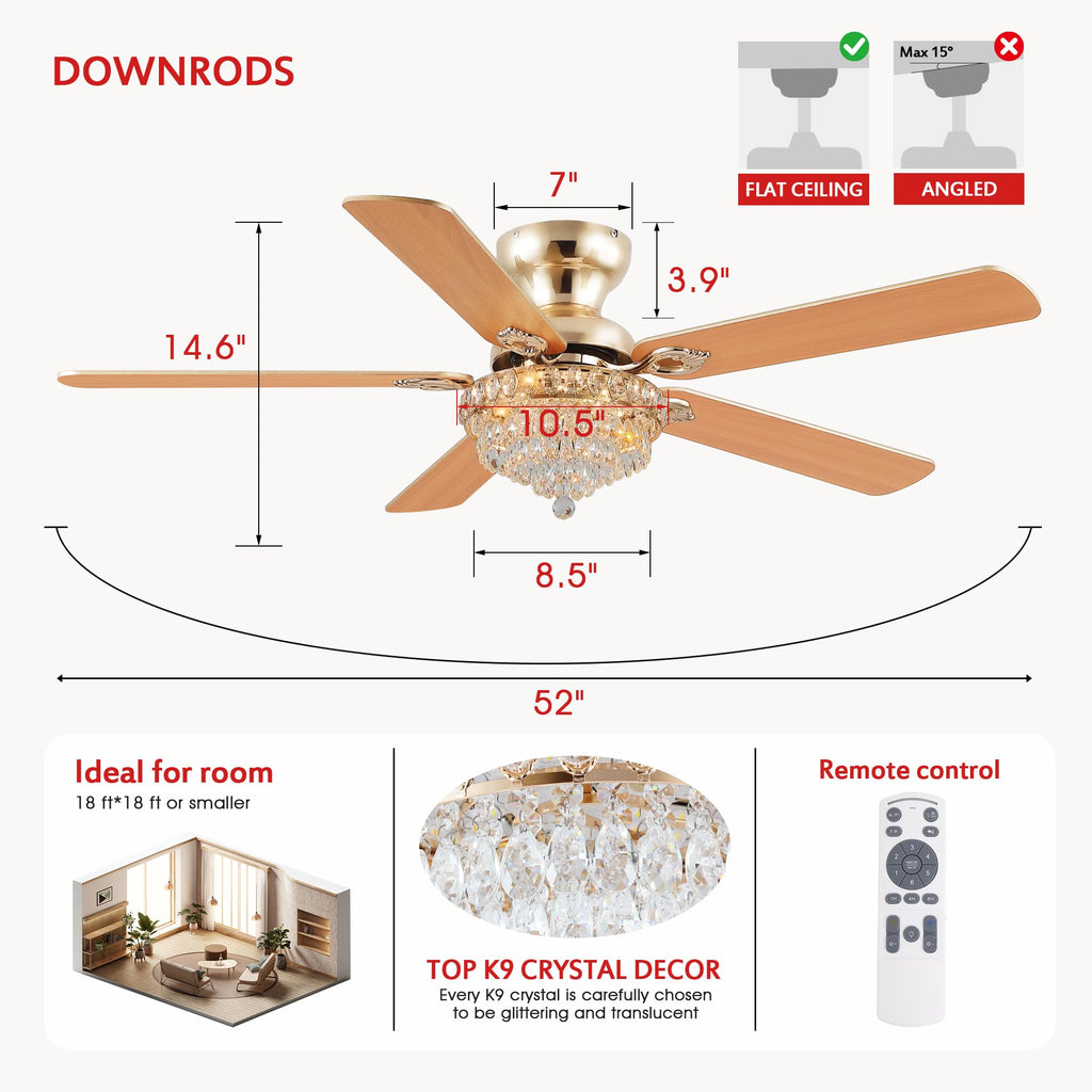 Crystal Ceiling Fan Fandelier with Lights-Modern Ceiling Fan(52" Gold)