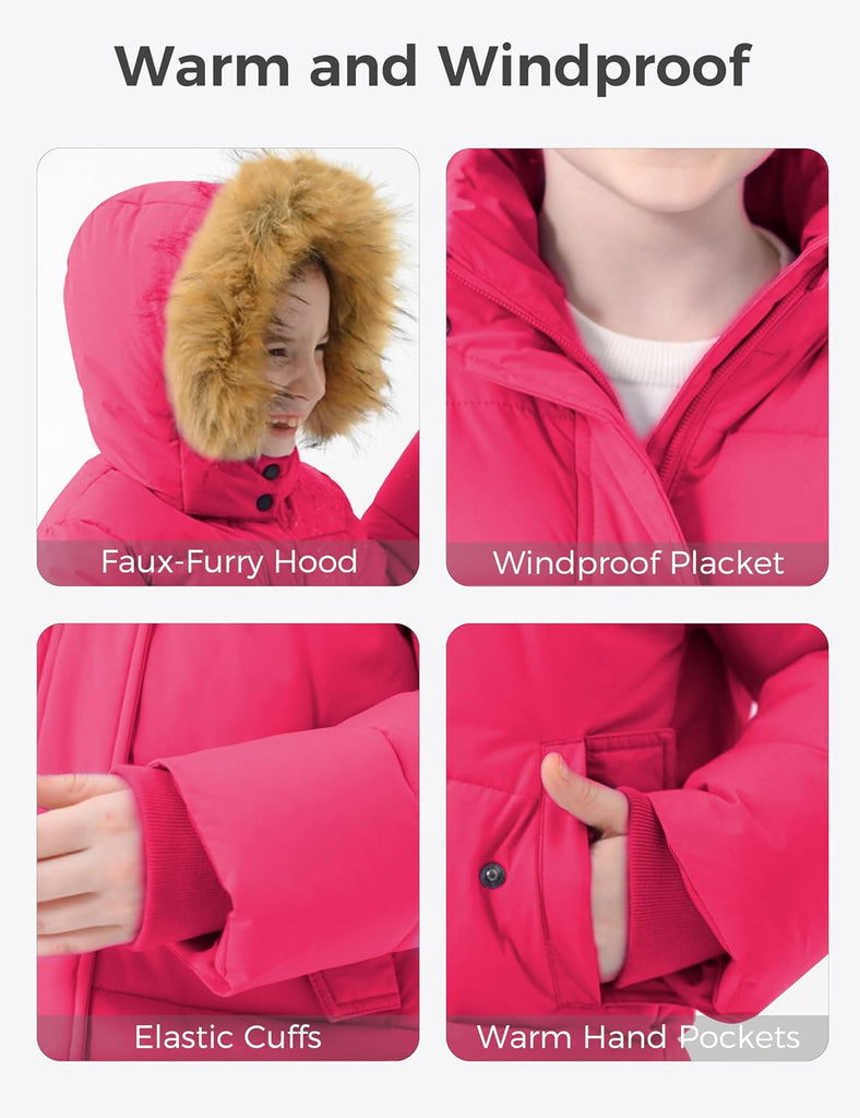 Girls' Waterproof Winter Coat Long Puffer Jacket Warm Parka Hooded