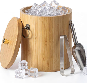 3L Bamboo Ice Bucket with Stainless Steel Interior, Insulated Ice Bucket with Lid & Handles, Includes Scoop & Tongs