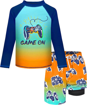 Boys Rash Guard Swim Set with Swim Trunks Bathing Suit Long Sleeve Swim Shirt Quick Dry Swimsuit Kids Swimwear Size