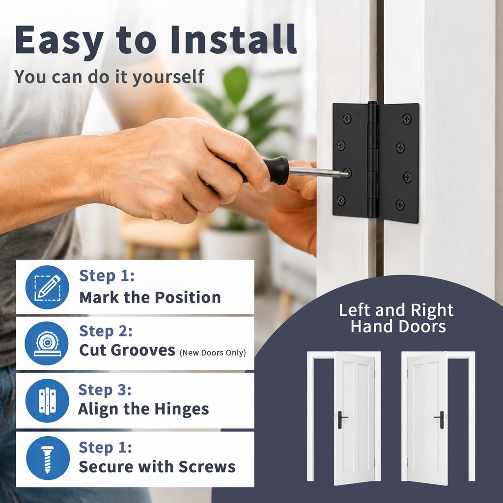 3 Pack Matte Black Door Hinges 4 Inch, Exterior Door Hinges Square Corners